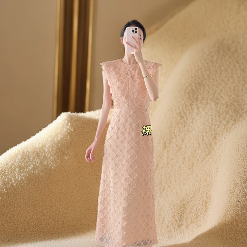 夏季法式玫瑰纱时尚轻奢显瘦气质款轻奢裸粉色无袖连衣裙长裙裙子