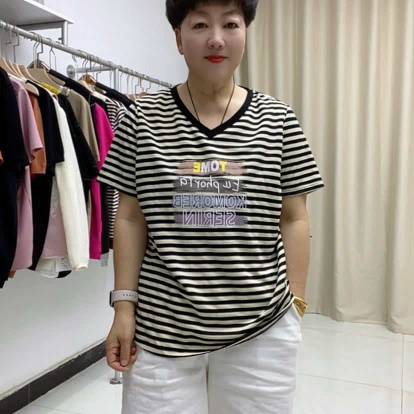 夏季休闲大码遮肉显瘦条纹T恤34273