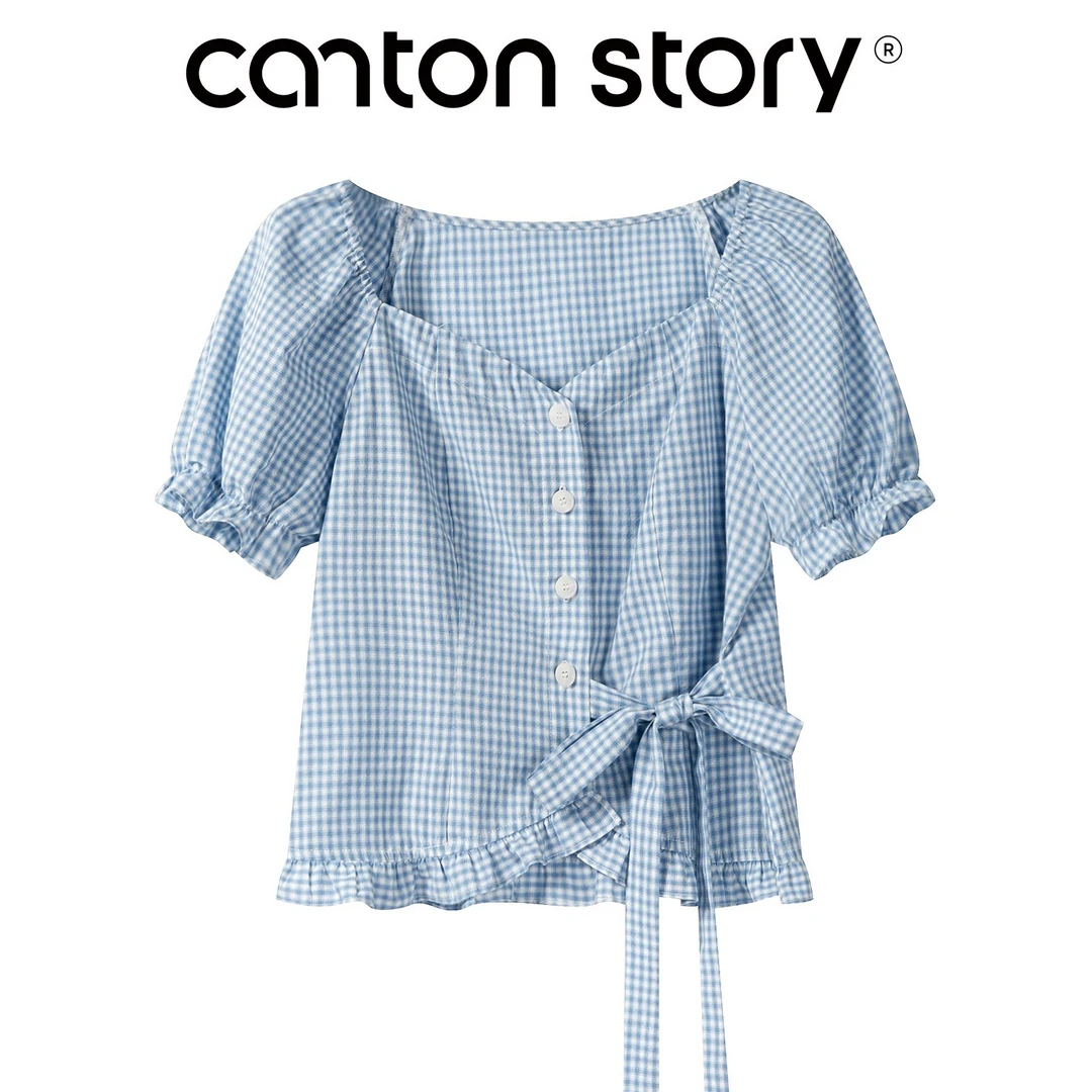 羊城故事-蓝色格纹泡泡袖衬衫新款设计感系带短袖小衫 Y50751796