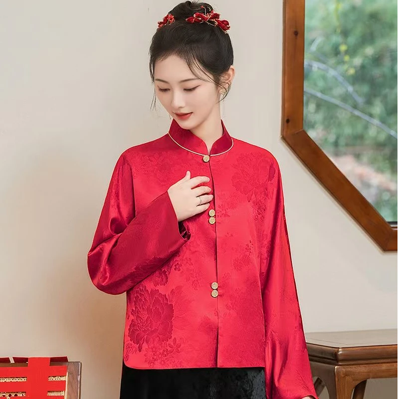 旷美旗韵七分袖长裙单排扣长袖礼服女装春季春秋唐装红色复古立领
