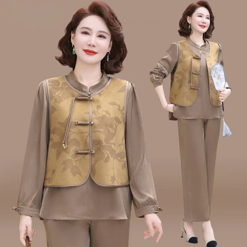 中年妈妈春装套装马甲+打底衫3件套洋气新款中老年女春秋上衣服