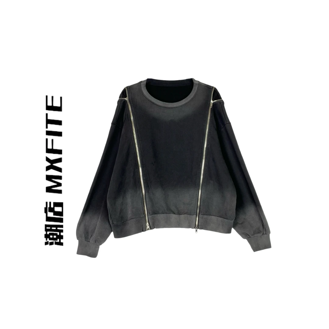 MXFITE潮店秋季新款个性拉链设计圆领长袖做旧卫衣（ZHQ52055）