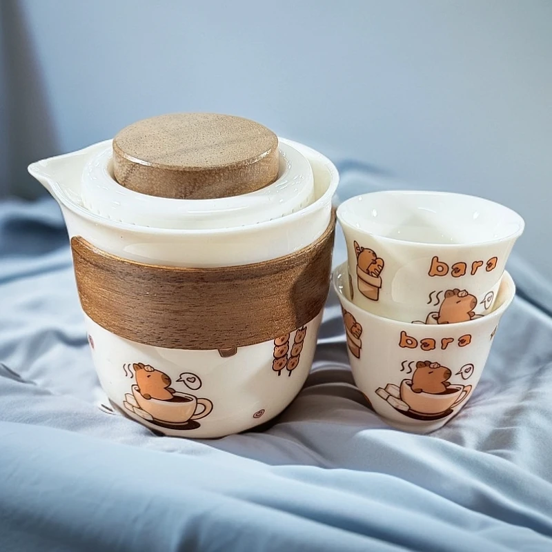 149卡皮巴拉便携旅行茶具陶瓷茶壶茶杯户外茶具套装便携设计轻奢