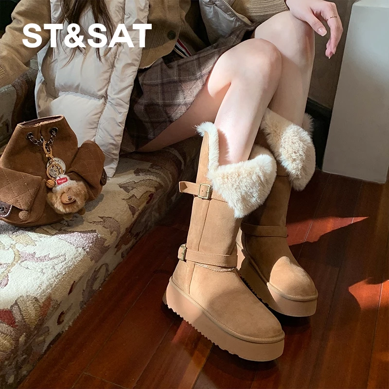 星期六加绒长筒棉靴女款2025冬季爆款厚底复古雪地靴保暖高筒靴子