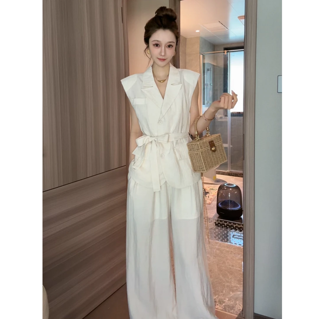 薄款亚麻法式气质V领收腰无袖西装外套+高腰显瘦休闲长裤两件套装