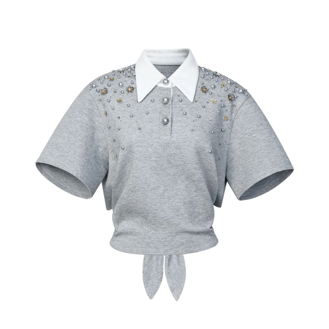 《猪猪出品》上新灰色短款短袖钉珠POLO衫翻领休闲793