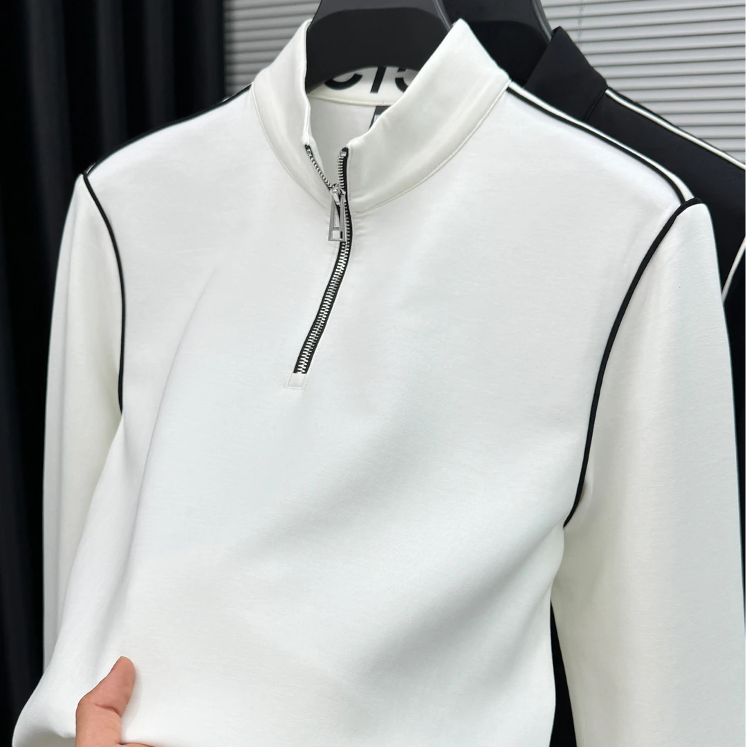 John Bunni高端纯白色长袖卫衣男士秋季半高领拉链休闲百搭打底衫