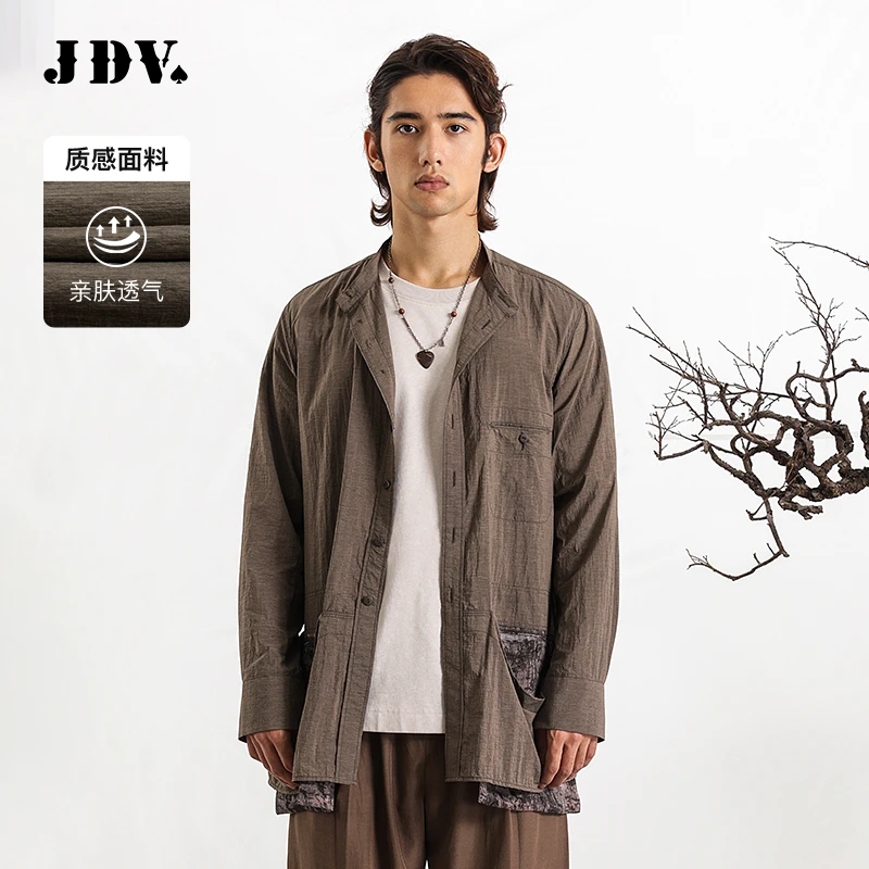 J.D.V2025春季商场同款设计师棕色男士新中式衬衫长袖上衣SIC5216