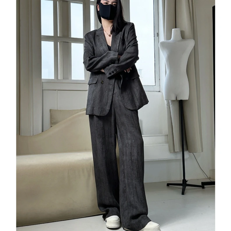 大码时尚宽松西服阔腿裤套装女2025春夏新款复古休闲高级感小西服
