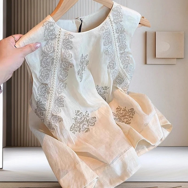 花朵刺绣亚麻无袖圆领背心女夏新款设计感小众复古慵懒气质薄上衣