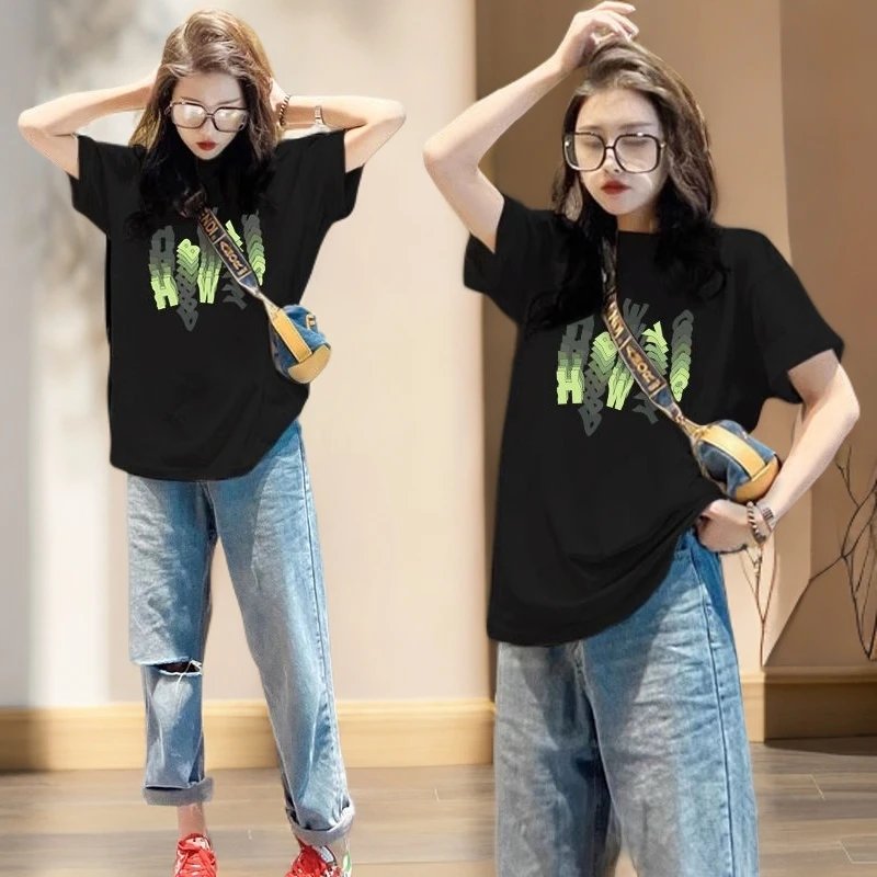 mnmf时尚休闲宽松型韩版常规款短袖印花T恤百搭夏季直筒中长款