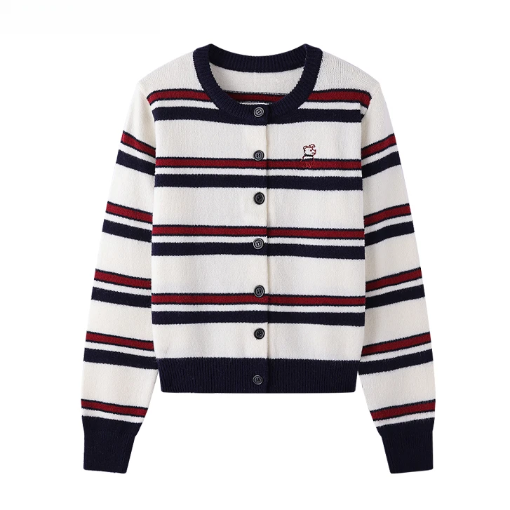 韩系狗刺绣双色条纹针织开衫显瘦时尚气质上衣毛衣时尚外套B4-38