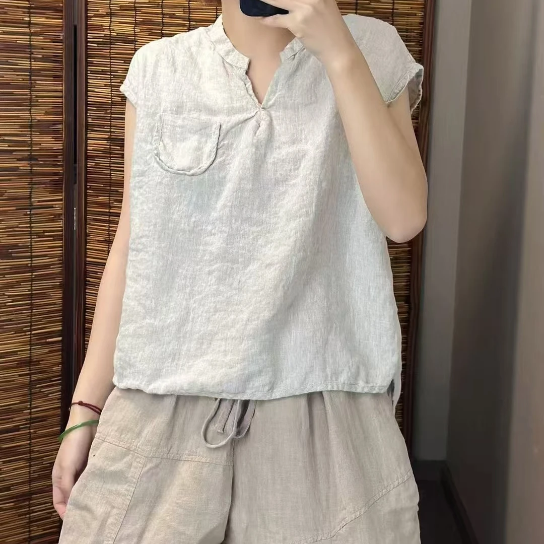 夏季新款亚麻宽松休闲v领衬衫女上衣时尚亚麻上衣女纯亚麻高档次