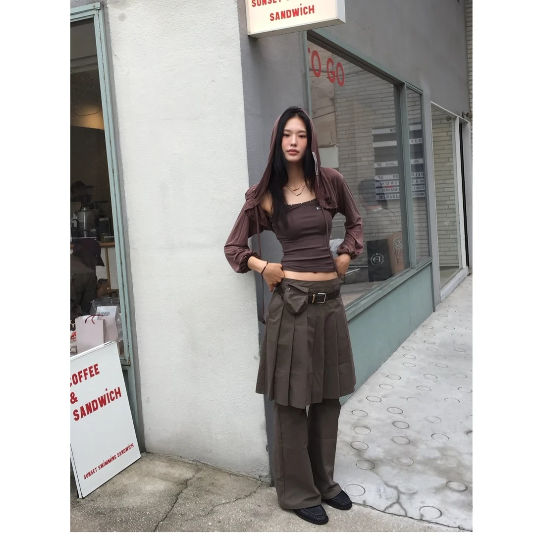 QYao Girls韩系秋季新款显瘦百搭腰包装饰拼接裙裤女休闲裤