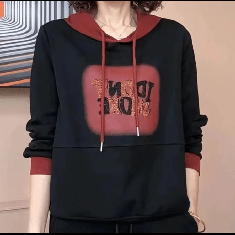 新疆长绒棉】秋冬季加绒连帽字母烫钻印花百搭显瘦减龄休闲卫衣