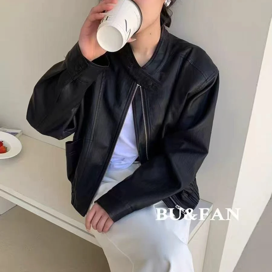 高级感pu皮衣外套女春秋2024今年流行新款复古立领短款机车皮夹克