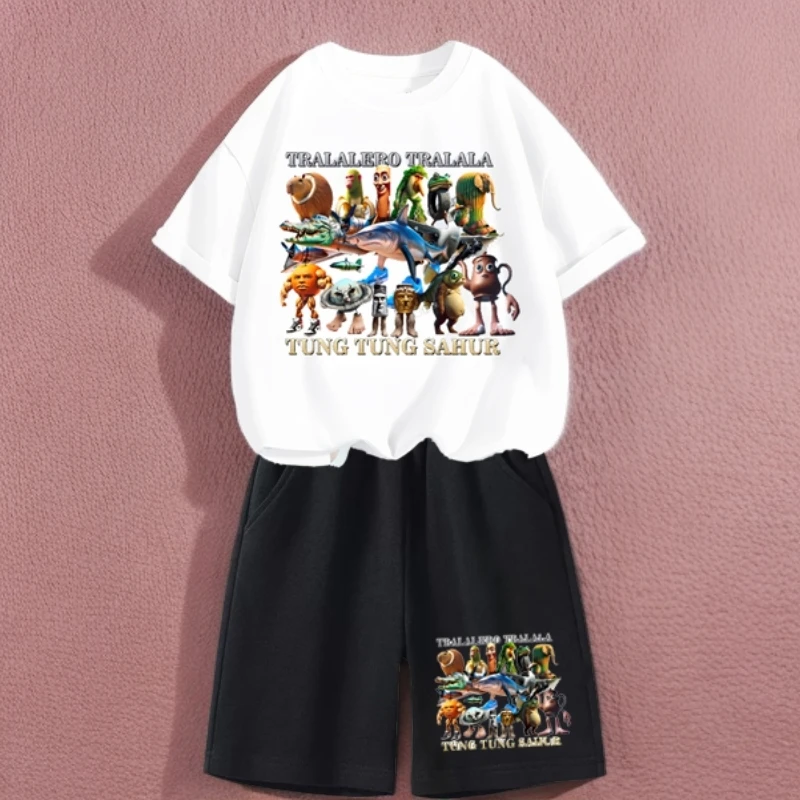 美国Ai山海经通通哥木棍人童装潮牌周边衣服儿童短袖T恤短裤套装