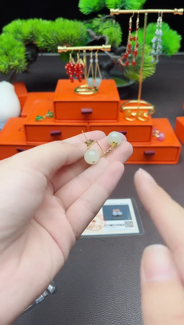 和田玉银S925镶嵌耳饰724