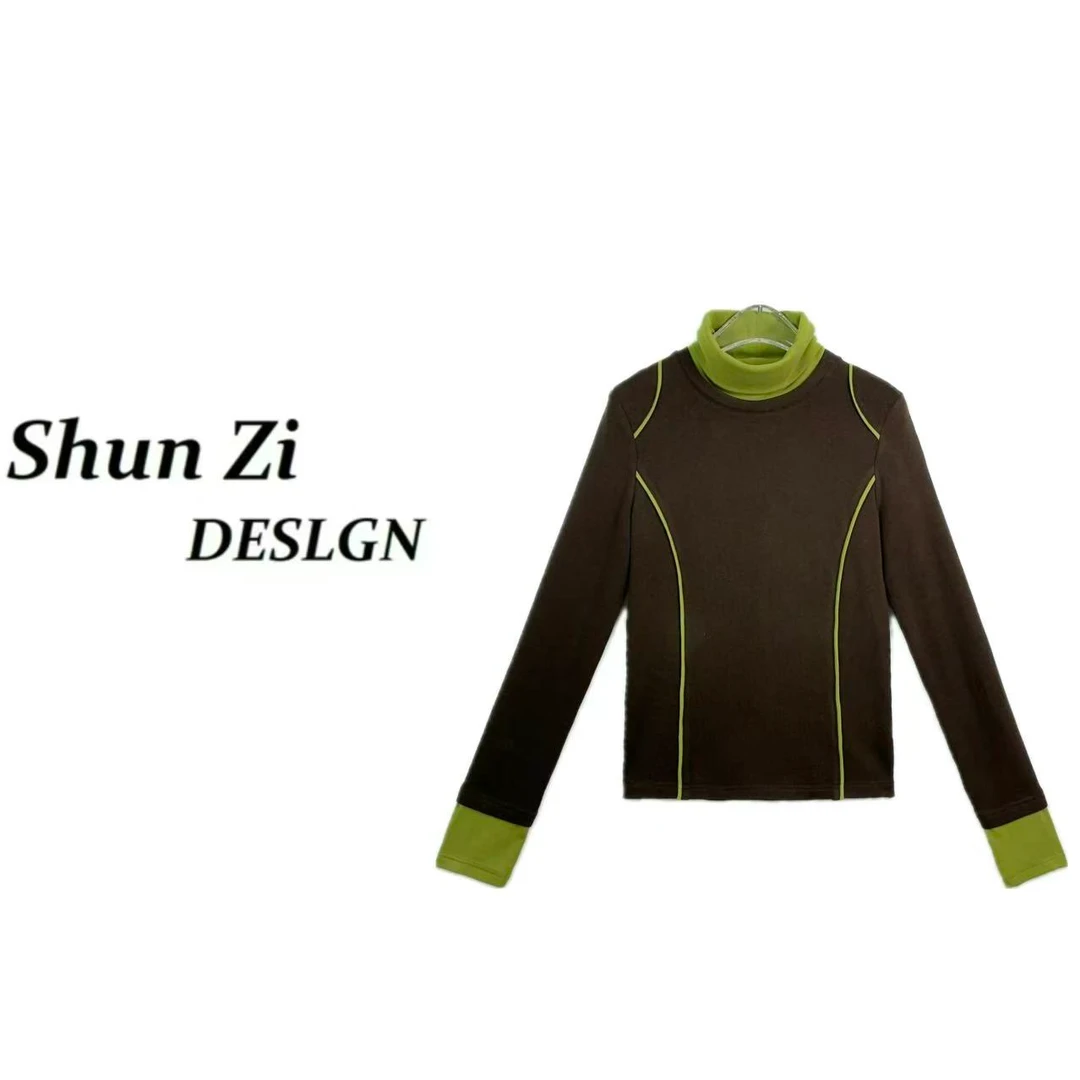 顺子/SZ10030【绿咖】 欧韩版时尚隔断撞色显瘦高领撞色打底长袖