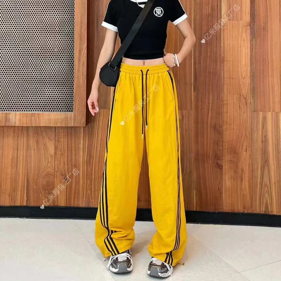 （亿米•定制）夏季新款拼条显瘦高腰运动休闲直筒拖地裤