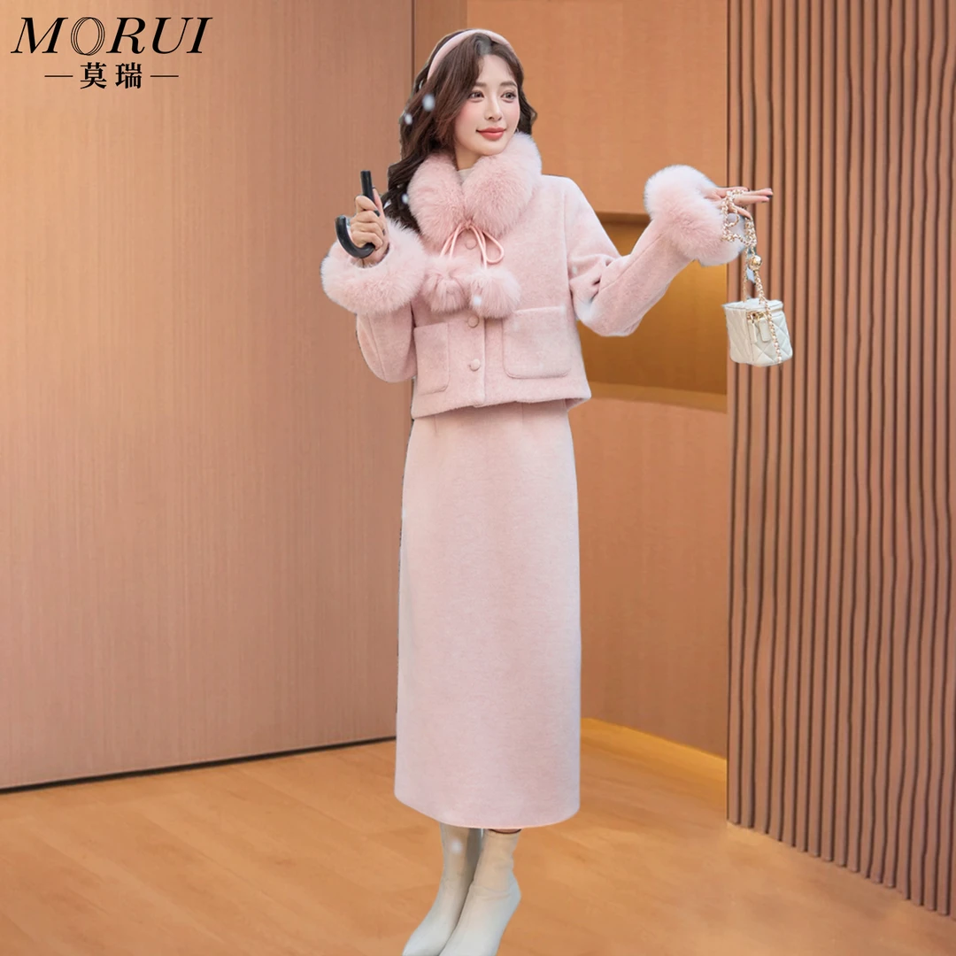 【莫瑞】小香风羽绒服套装女冬2025新款气质名媛狐狸毛时尚两件套裙