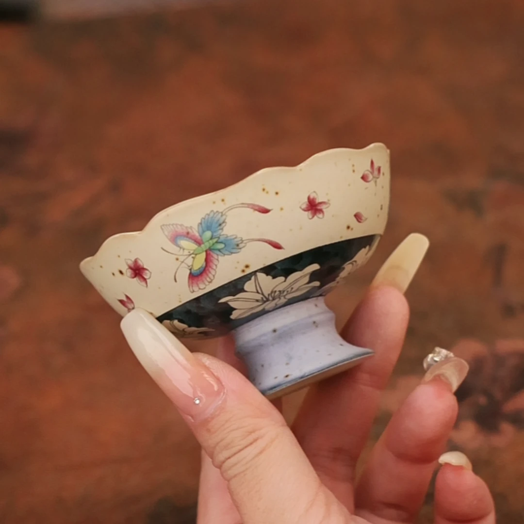 仿古釉蝶舞百合高足杯 A13532