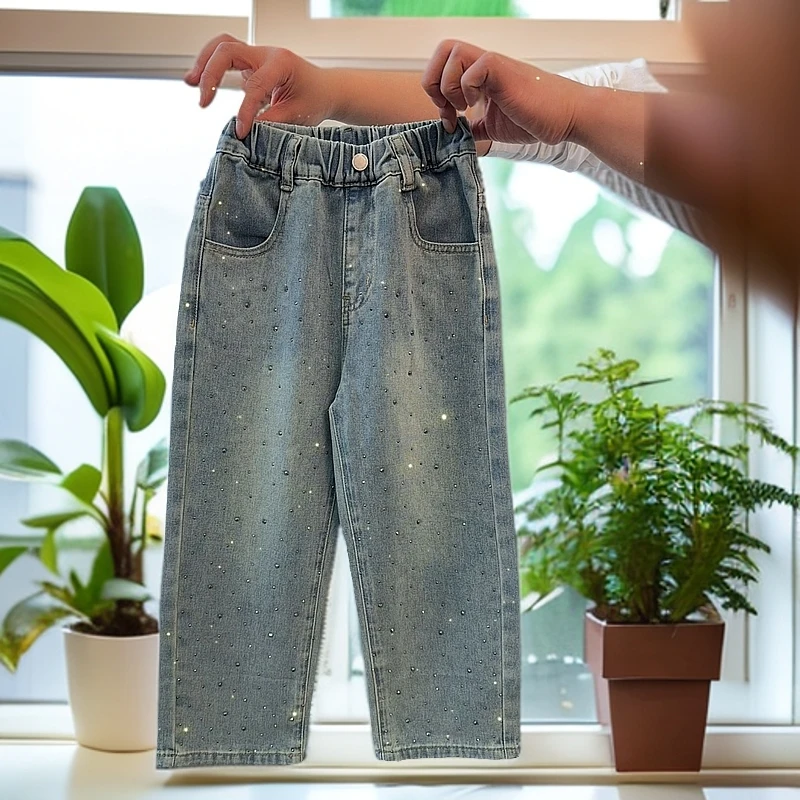 女童中大童儿童韩版洋气百搭烫钻小直筒女孩牛仔裤裤子童装宽松