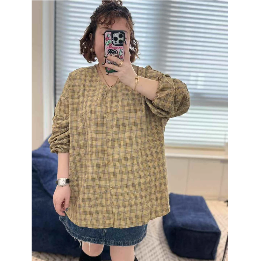 MEET  春季V领小格子衬衫