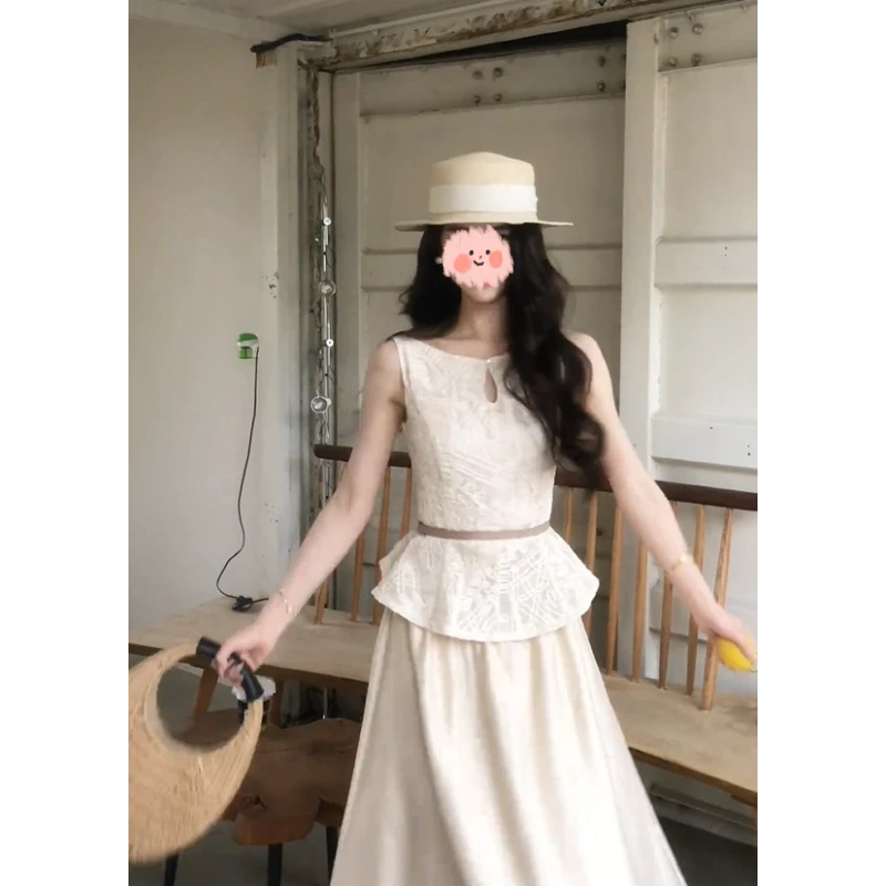 温柔风甜美套装裙女夏季新款设计感背心无袖衬衫高腰半身裙两件套