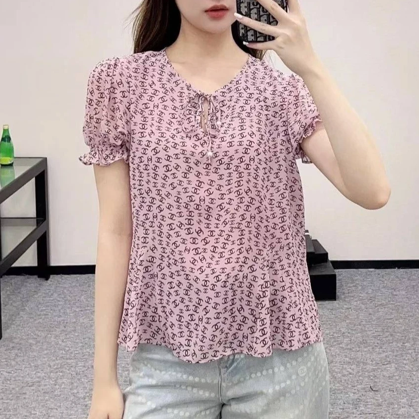 99新 Chanel/香奈儿 38码25P紫色小logo满印花系带真丝短袖上衣