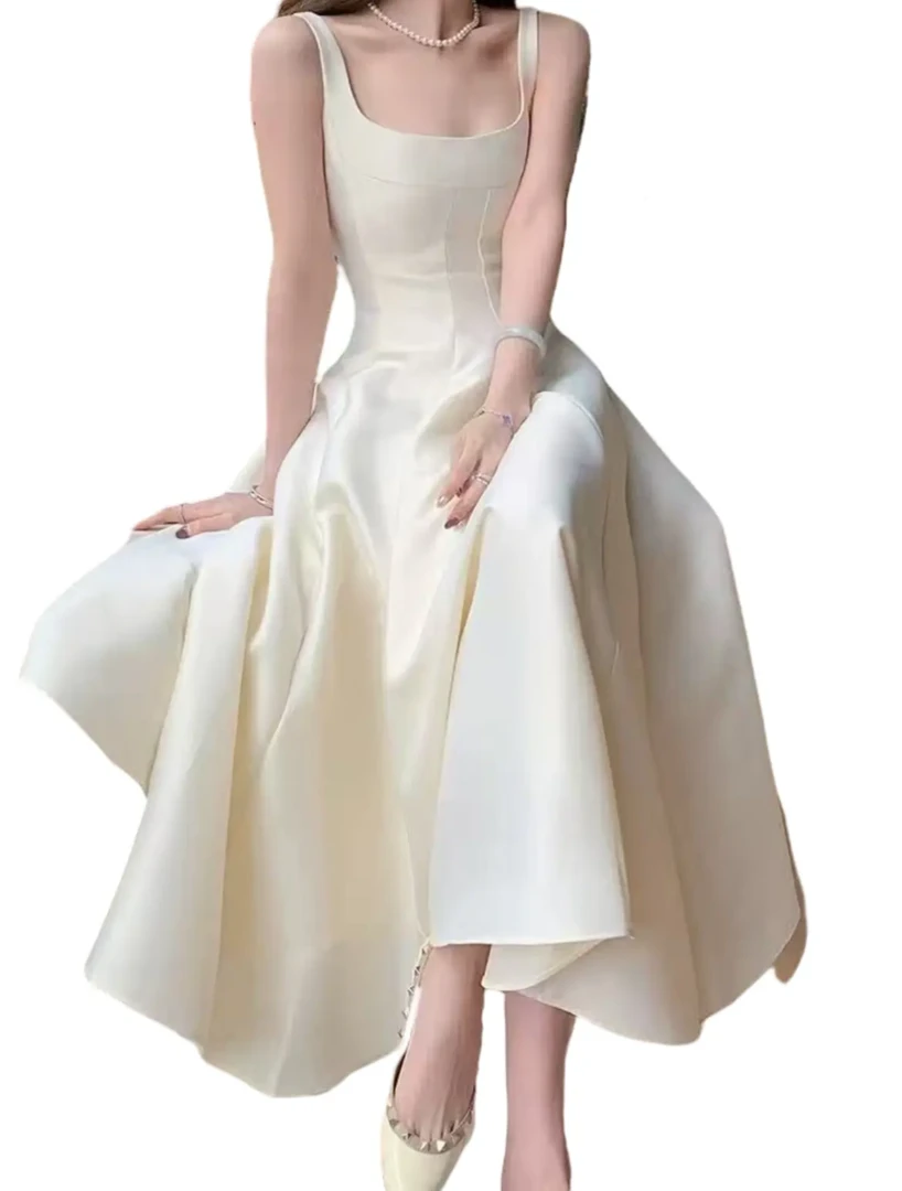 胖mm春季新款赫本风方领收腰温柔气质吊带连衣裙礼服白色长裙