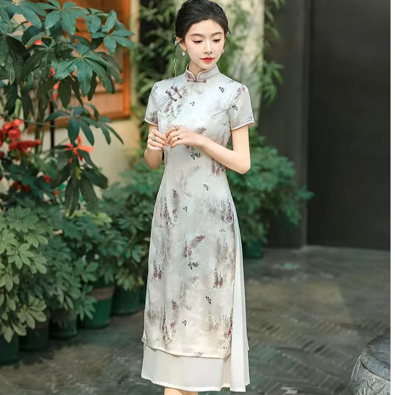 瓷萱【云蝶】中国风短袖旗袍气质显瘦修身奥黛旗袍裙夏季双层中长款