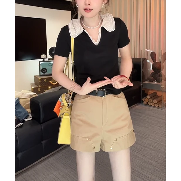 2025夏季新款时尚优雅翻领拼色蕾丝花边上衣修身百搭显瘦短袖T恤