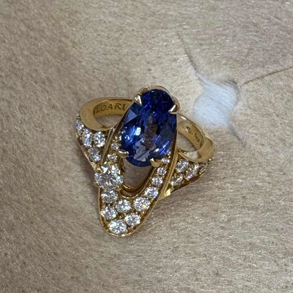 99新 BVLGARI/宝格丽 小花6珊 蓝宝石满钻戒指，0.9克拉蓝宝石 50