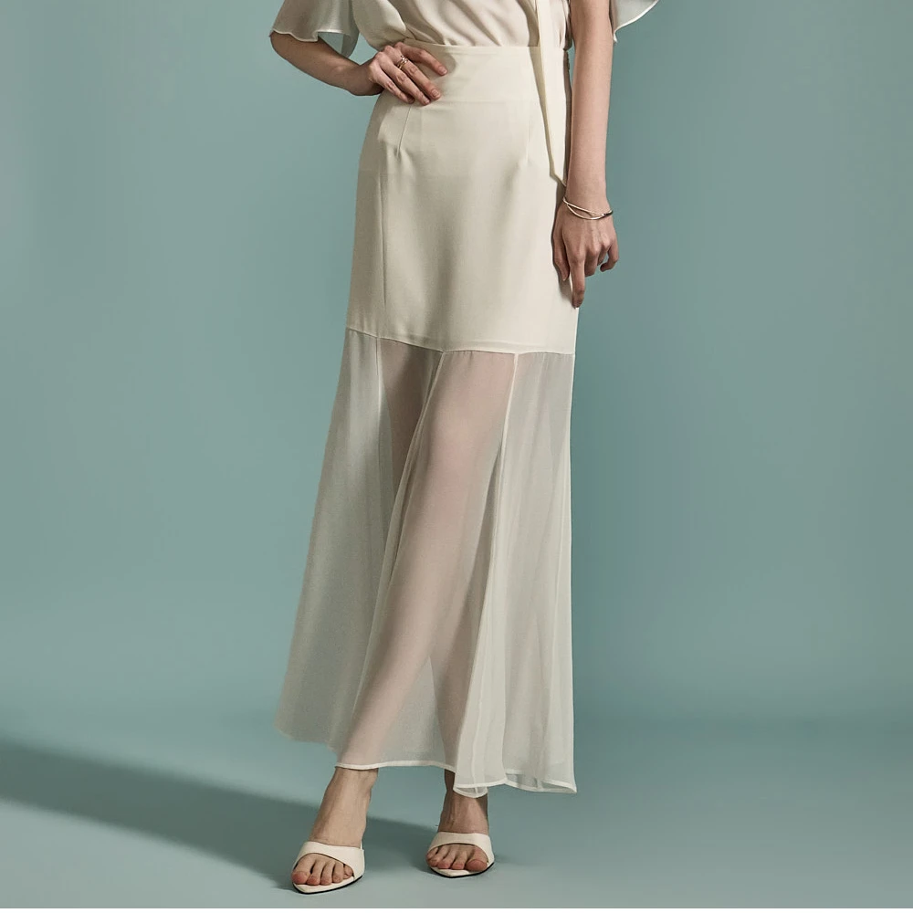 垂感雪纺A字裙拼接微透鱼尾裙不规则夏季百搭半裙黑色半透半身裙