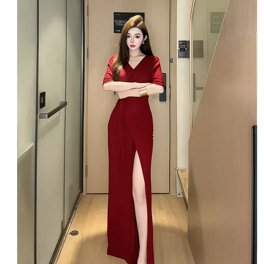 短袖V领腰部绑带款显瘦遮肚子气质百搭韩系连衣长裙