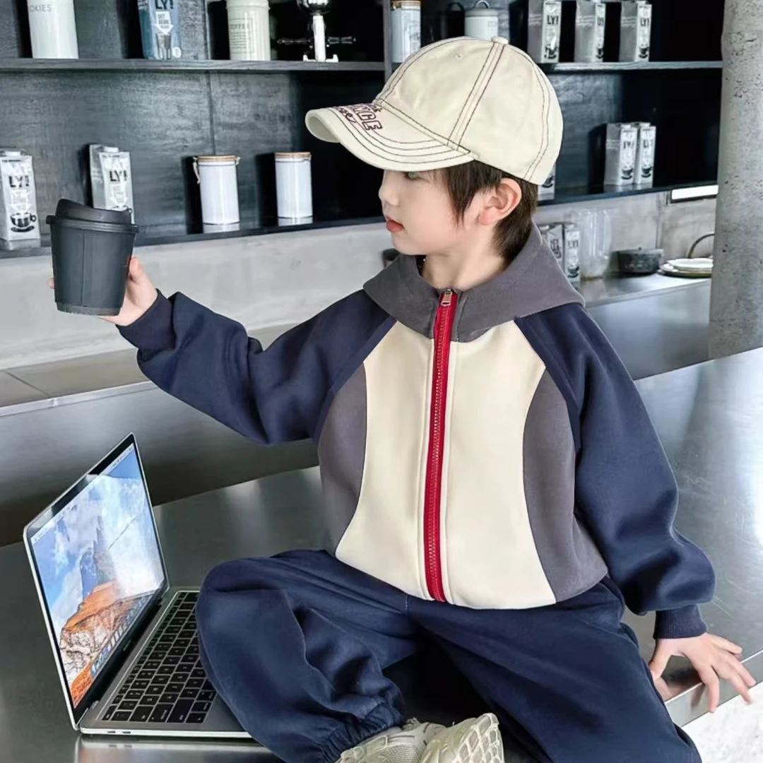 儿童套装连帽拉链衫两件套新款秋冬拼接撞色运动韩版男女休闲宽松