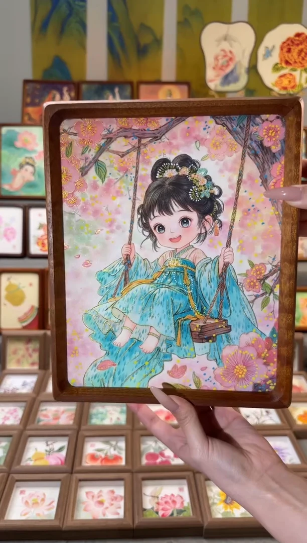 国画桃花秋千女孩 手绘国画10寸