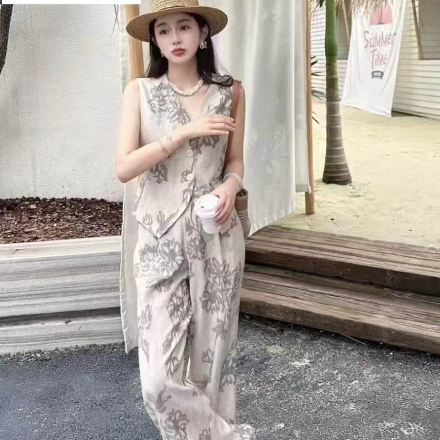 套装气质印花夏日亚麻夏季印花套裤无袖马甲阔腿裤高定上衣美人