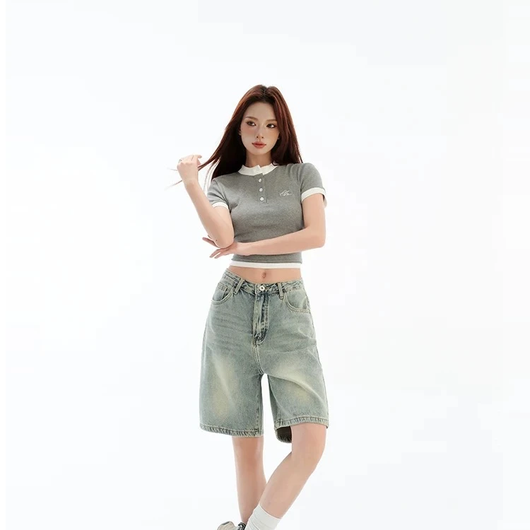 美式水洗做旧牛仔裤高腰短裤显瘦百搭阔腿热裤时尚百搭宽松牛仔裤
