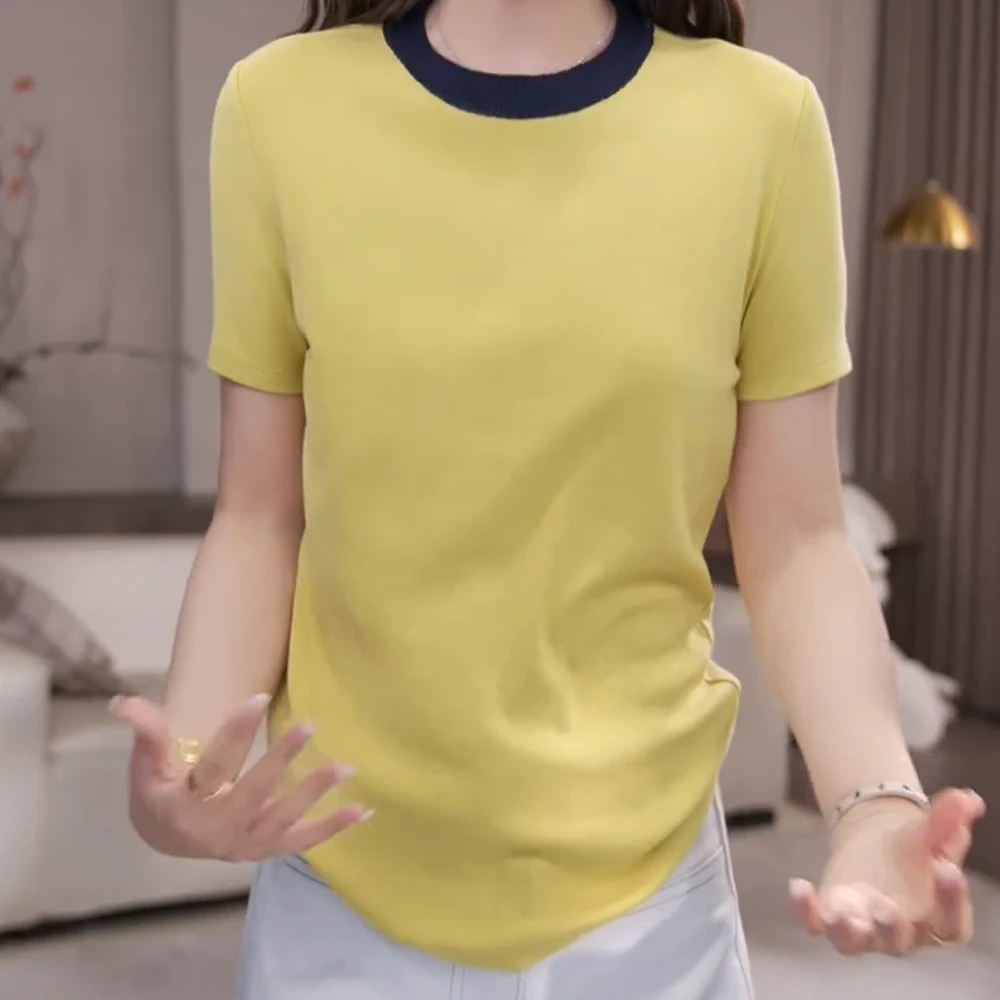 春季上新时尚休闲气质百搭设计感显瘦春夏纯色简约圆领打底T恤