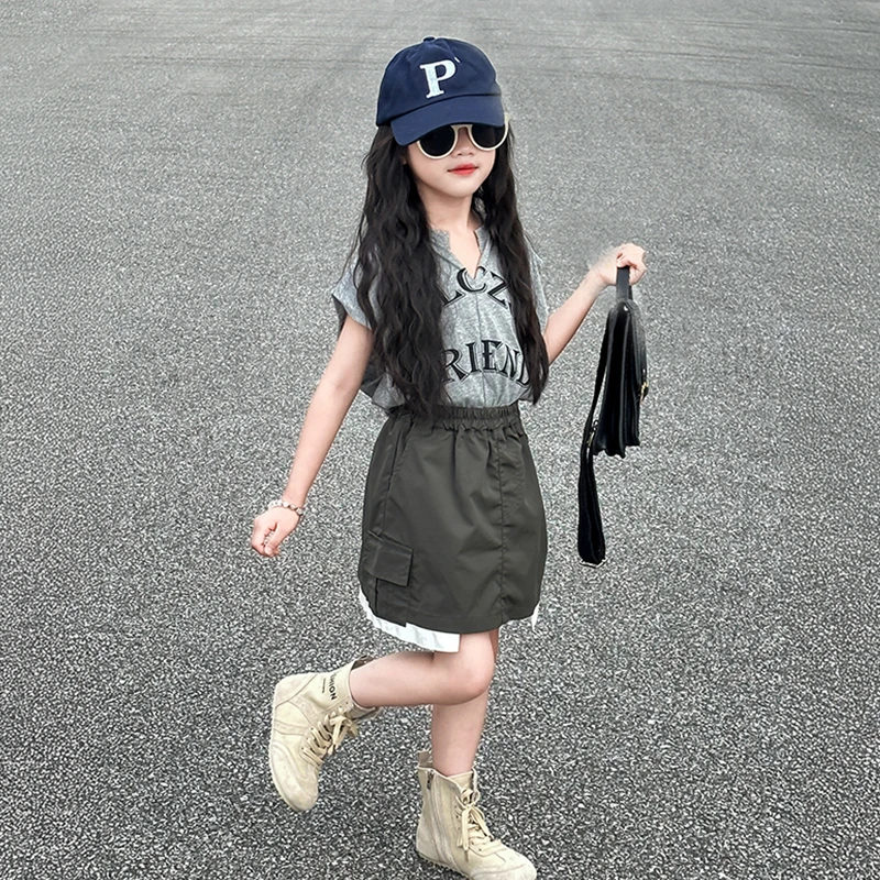 女童韩范炸街套装2025新款小女孩夏季潮酷上衣儿童工装短裙两件套