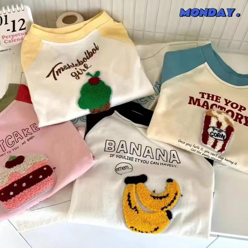 2025春季新款男女童休闲时尚插肩儿童卡通打底上衣圆领百搭纯棉