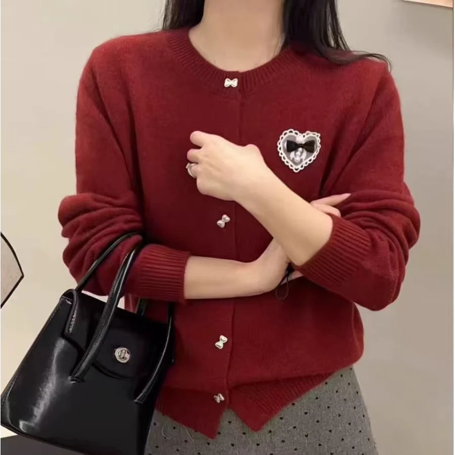 【爱心钉珠-红】圆领针织开衫女春秋时尚洋气设计感毛衣2025新款