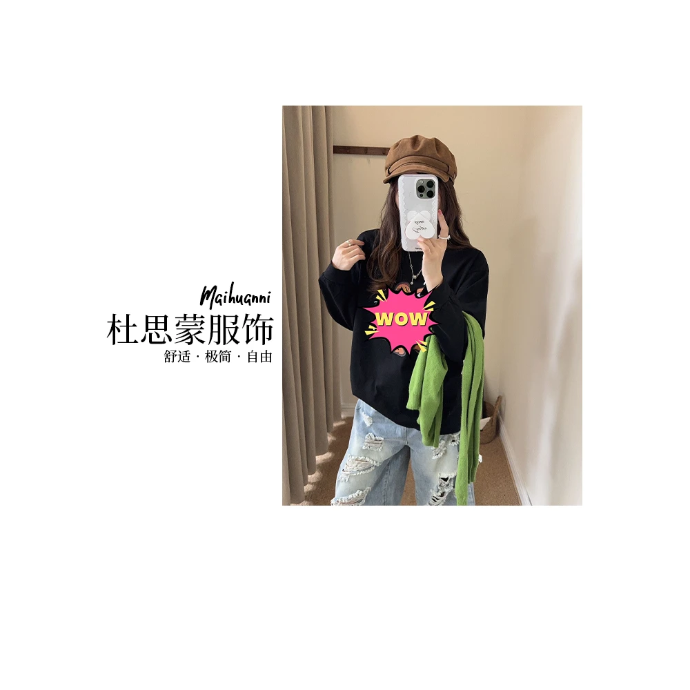 （杜思蒙服饰）Q1097-【卡通印花老鼠】韩系休闲运动宽松长袖T恤