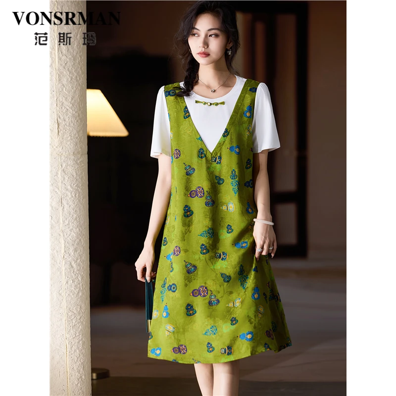 VONSRMAN时尚假两件提花连衣裙女夏季复古减龄气质宽松显瘦a字裙