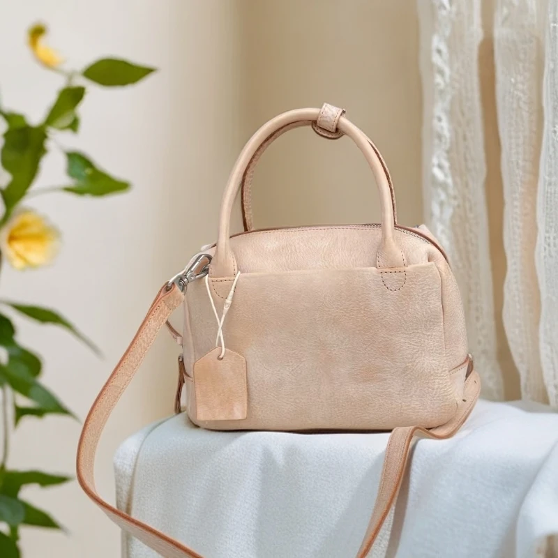 雾腊头层植鞣牛皮中号多隔层枕头包女士原色单肩斜跨手提包61919