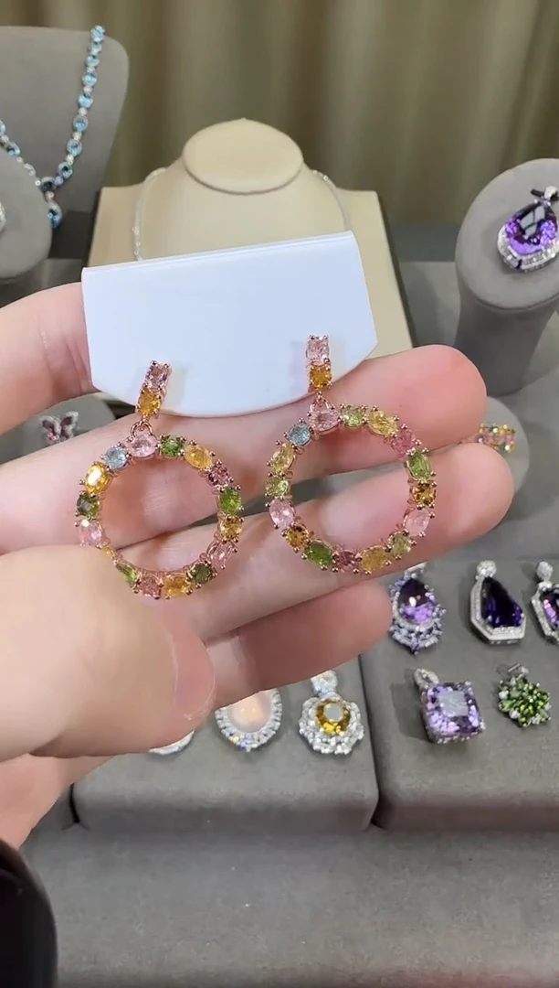 银S925镶嵌耳饰碧玺22mm耳坠高级款