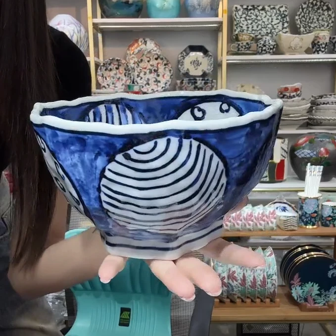 新品五【单支】日本进口濑户烧染付丸纹六角丼碗18cm