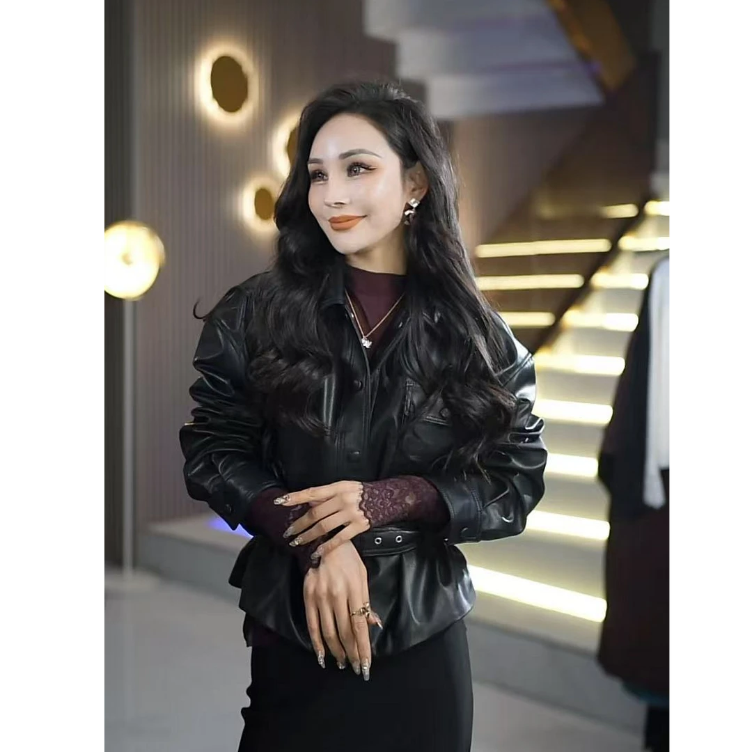 时尚百搭洋气衬衫翻领mx同款绵羊皮短款女士皮衣女外套XS66988
